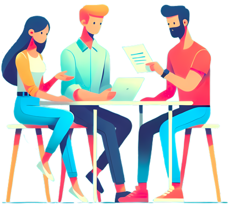 A decorative image of an illustration of people having a meeting